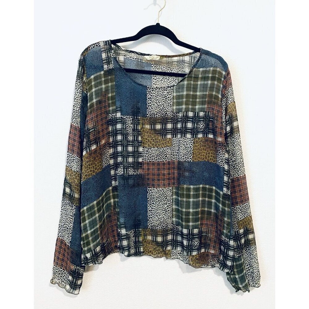 Chalet Top Womens Medium Andrea Patchwork Crinkle Sheer Long Sleeve Boho Peasant